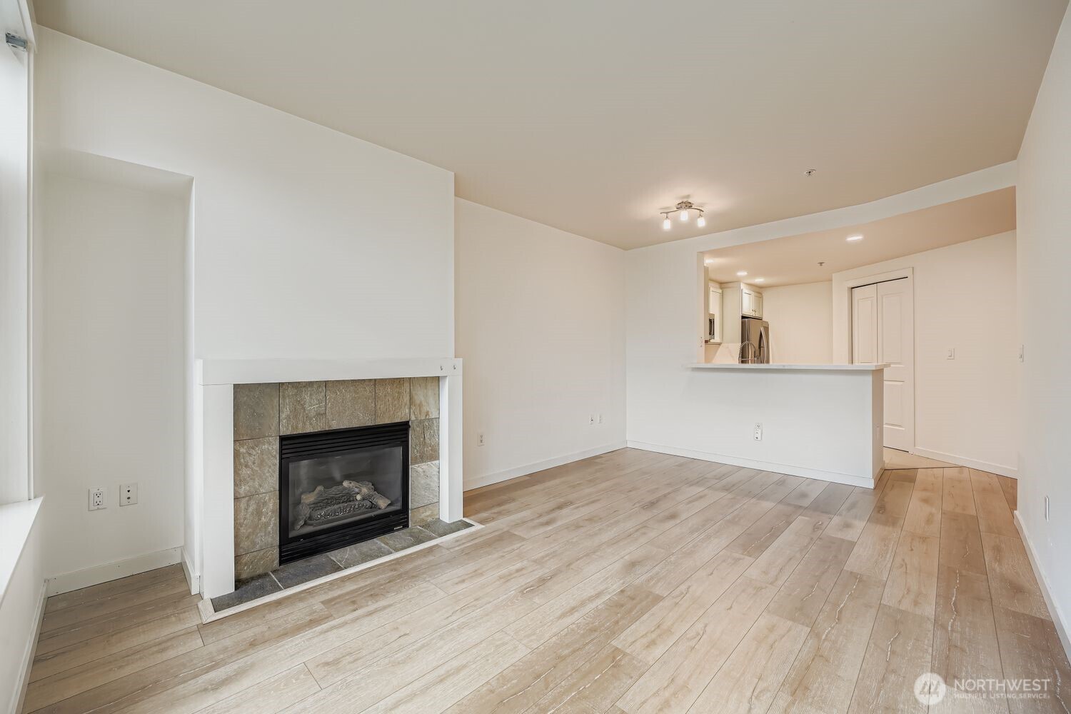 2607 Western Avenue, Unit 612 Seattle, WA 98121 - Photo 11 of 29 a view of an empty room with wooden floor and a fireplace