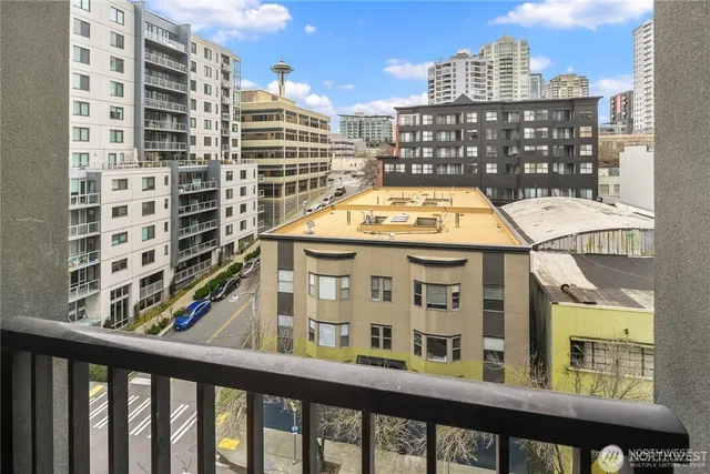 a view of a building from a balcony