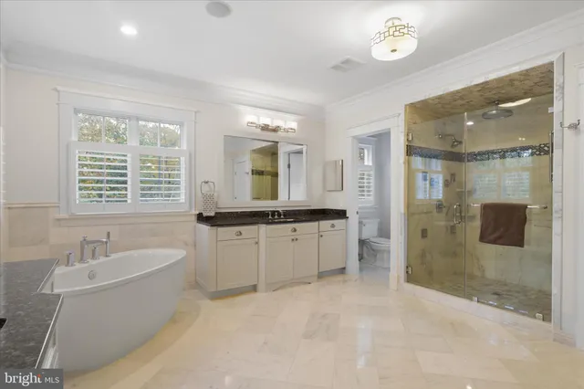 a bathroom with a granite countertop toilet sink and mirror