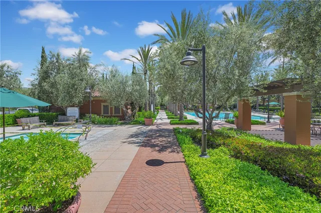 a view of a backyard with potted plants and large trees