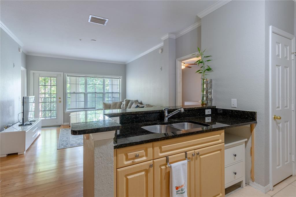 3611 Conroy Road, Unit 834 Orlando, FL 32839 - Photo 9 of 41 a kitchen with granite countertop a sink and a white wooden cabinets