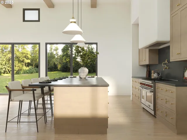 a kitchen with a table chairs and a stove