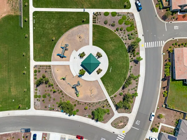 an aerial view of a swimming pool