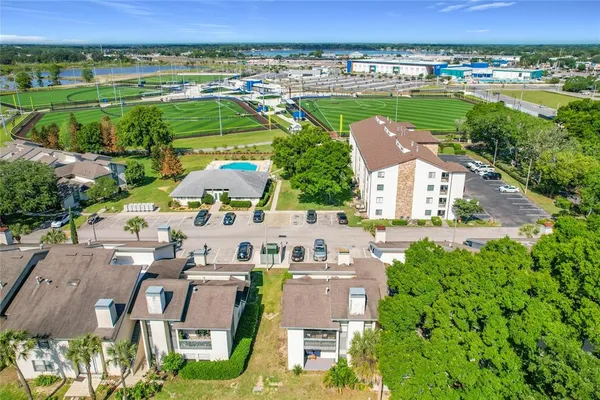an aerial view of a house with a garden
