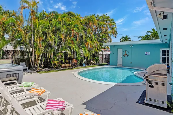 a view of backyard with swimming pool