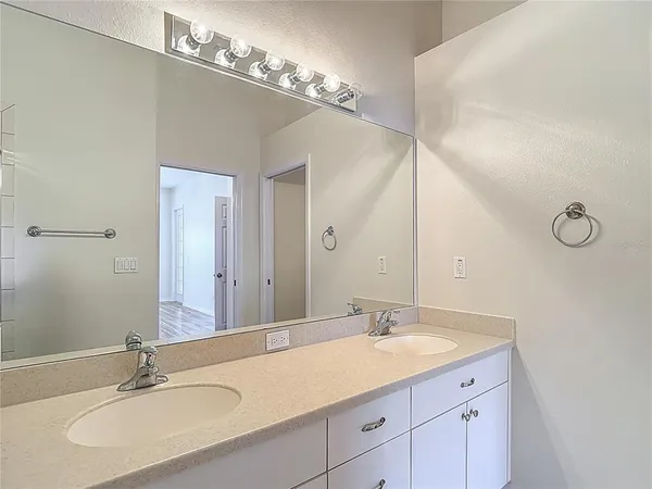 a bathroom with a sink double vanity and a mirror