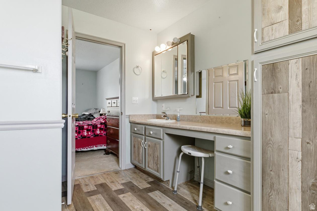 435 East 4th North Preston, ID 83263 - Photo 12 of 26 Vanity area featuring wood-finish flooring, a built-in vanity with a sink, a wall-mounted medicine cabinet, and integrated lighting