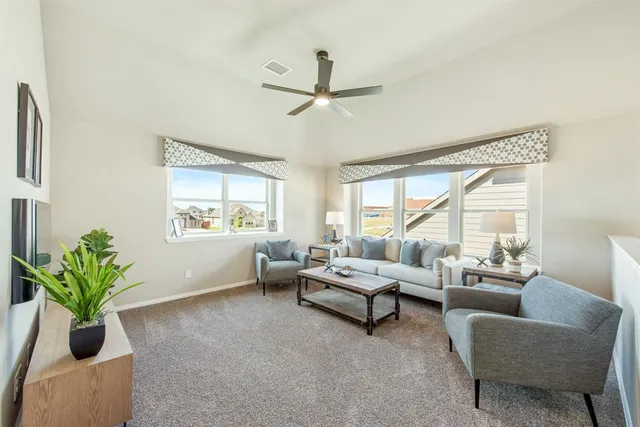 a living room with furniture potted plant and a window