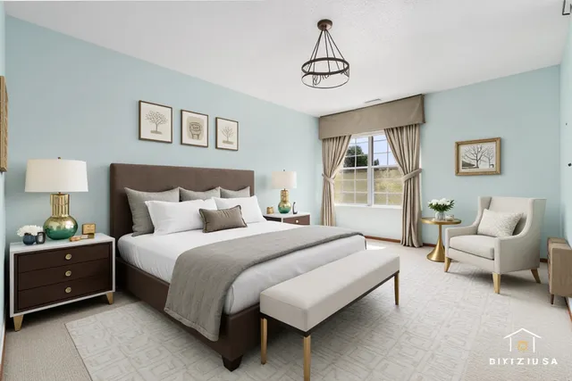 a spacious bedroom with a bed a couch and a chandelier