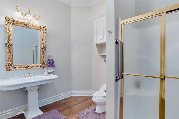 a bathroom with a sink a mirror a toilet and shower