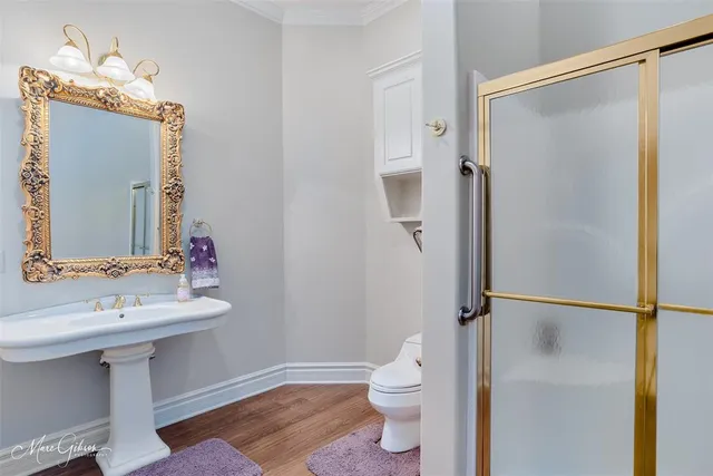 a bathroom with a sink a mirror a toilet and shower