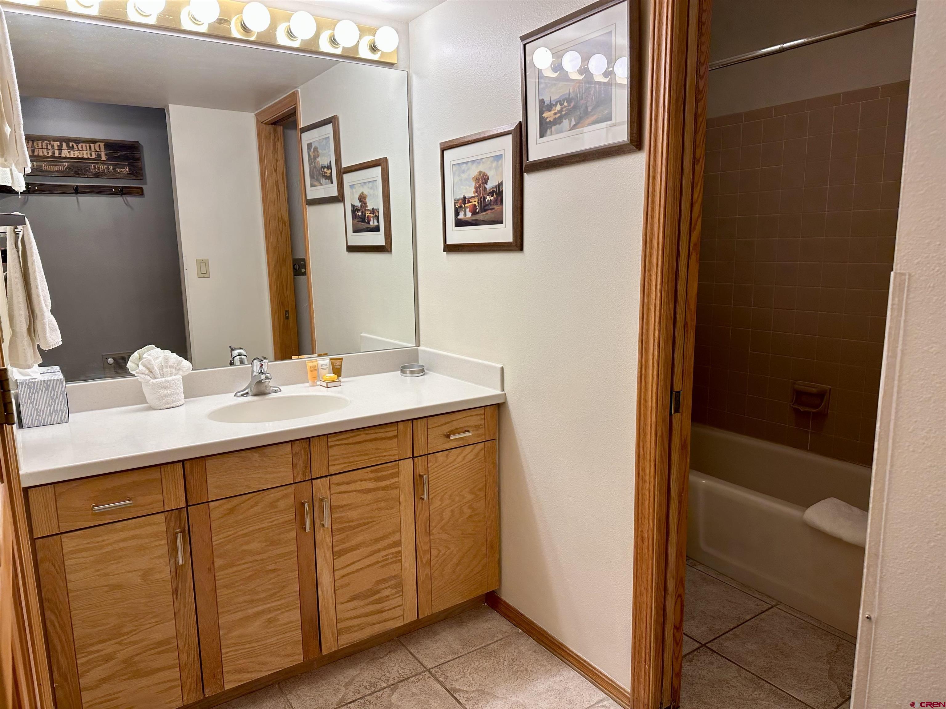 71 Needles Way, Unit 441 Durango, CO 81301 - Photo 18 of 39 a bathroom with a double vanity sink a mirror and a bathtub