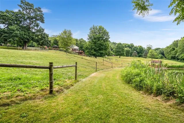 a view of a swimming pool with a yard