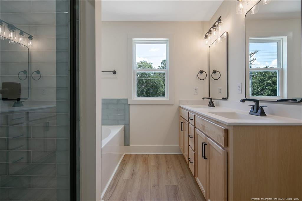 4728 Butler Nursery Road Fayetteville, NC 28306 - Photo 29 of 49 a bathroom with a double vanity sink a mirror and a bathtub
