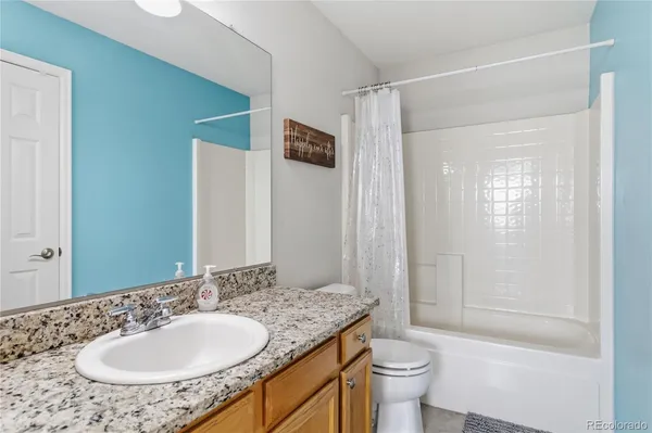 a bathroom with a granite countertop sink toilet and shower