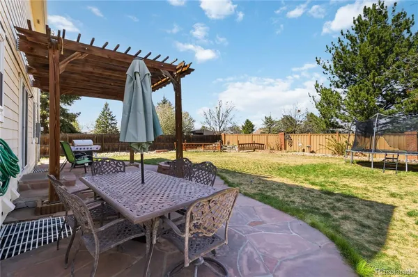 a swimming pool with outdoor seating and yard