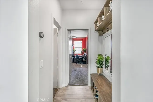 a hallway with potted plants in front of door