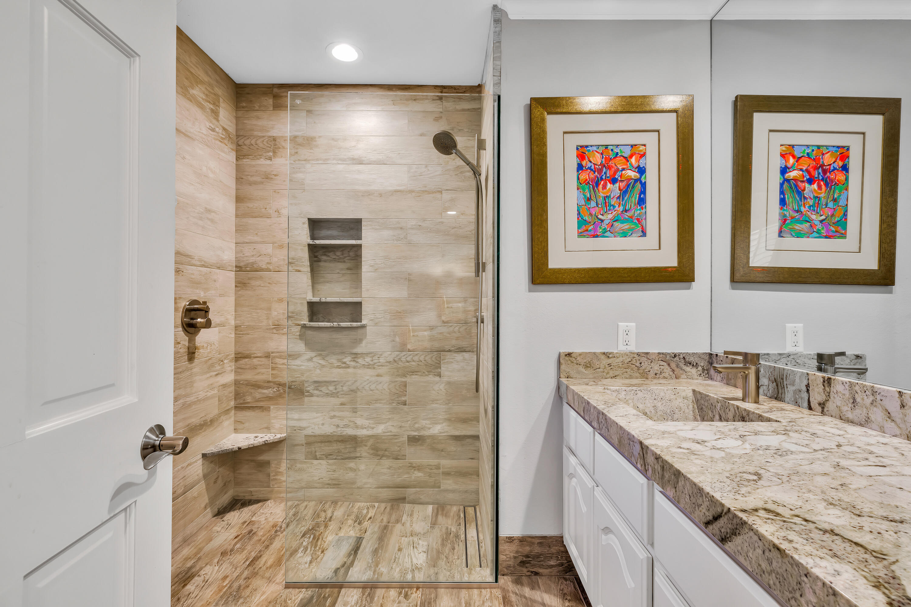 73005 Haystack Road Palm Desert, CA 92260 - Photo 34 of 45 a bathroom with a granite countertop shower sink and mirror