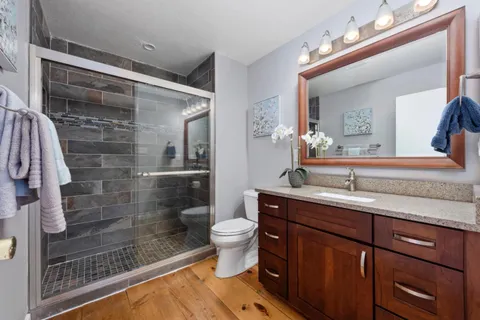 a bathroom with a sink a toilet and shower