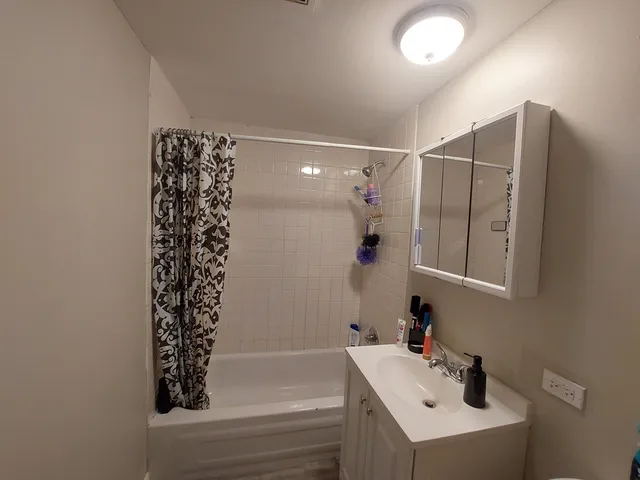 a bathroom with a bathtub and shower