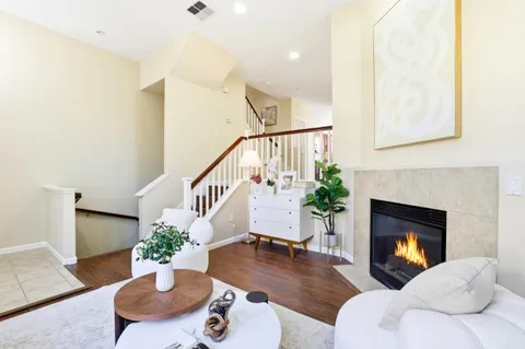 a living room with furniture potted plant and a fireplace