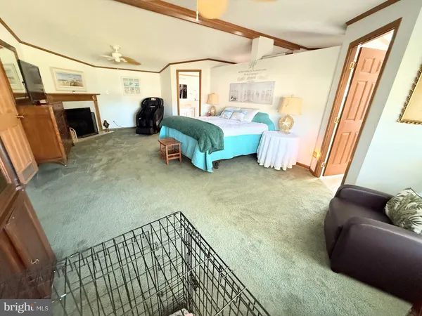 a living room with a bed furniture and a large window