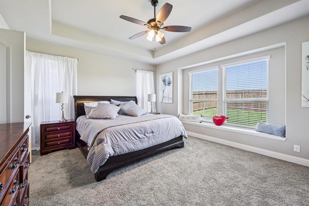 2808 Richard Street Burleson, TX 76028 - Photo 20 of 40 Bedroom featuring a raised ceiling, multiple windows, carpet, and a ceiling fan