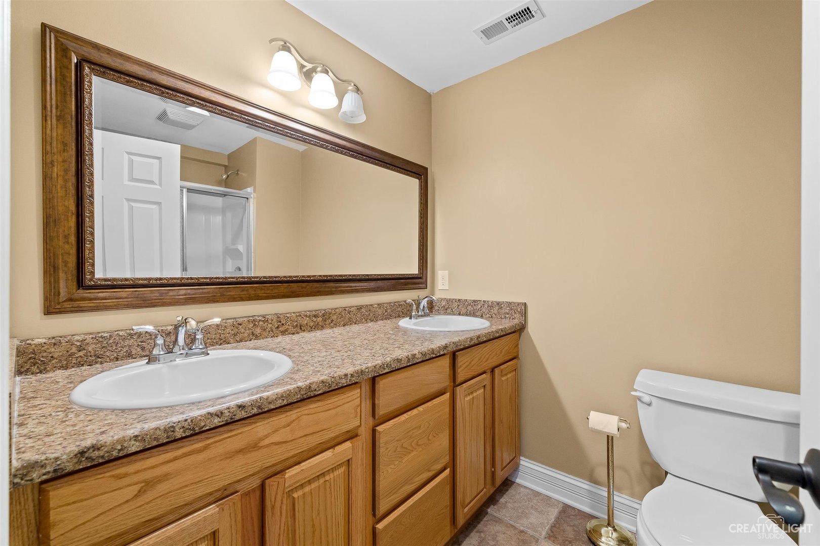 3509 Ridge Pointe Drive Geneva, IL 60134 - Photo 25 of 39 a bathroom with a granite countertop sink a toilet and a mirror