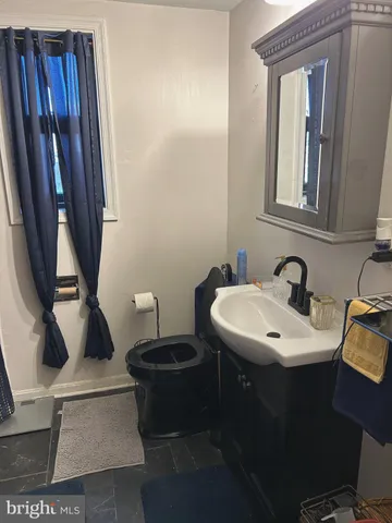a bathroom with a sink a toilet and mirror