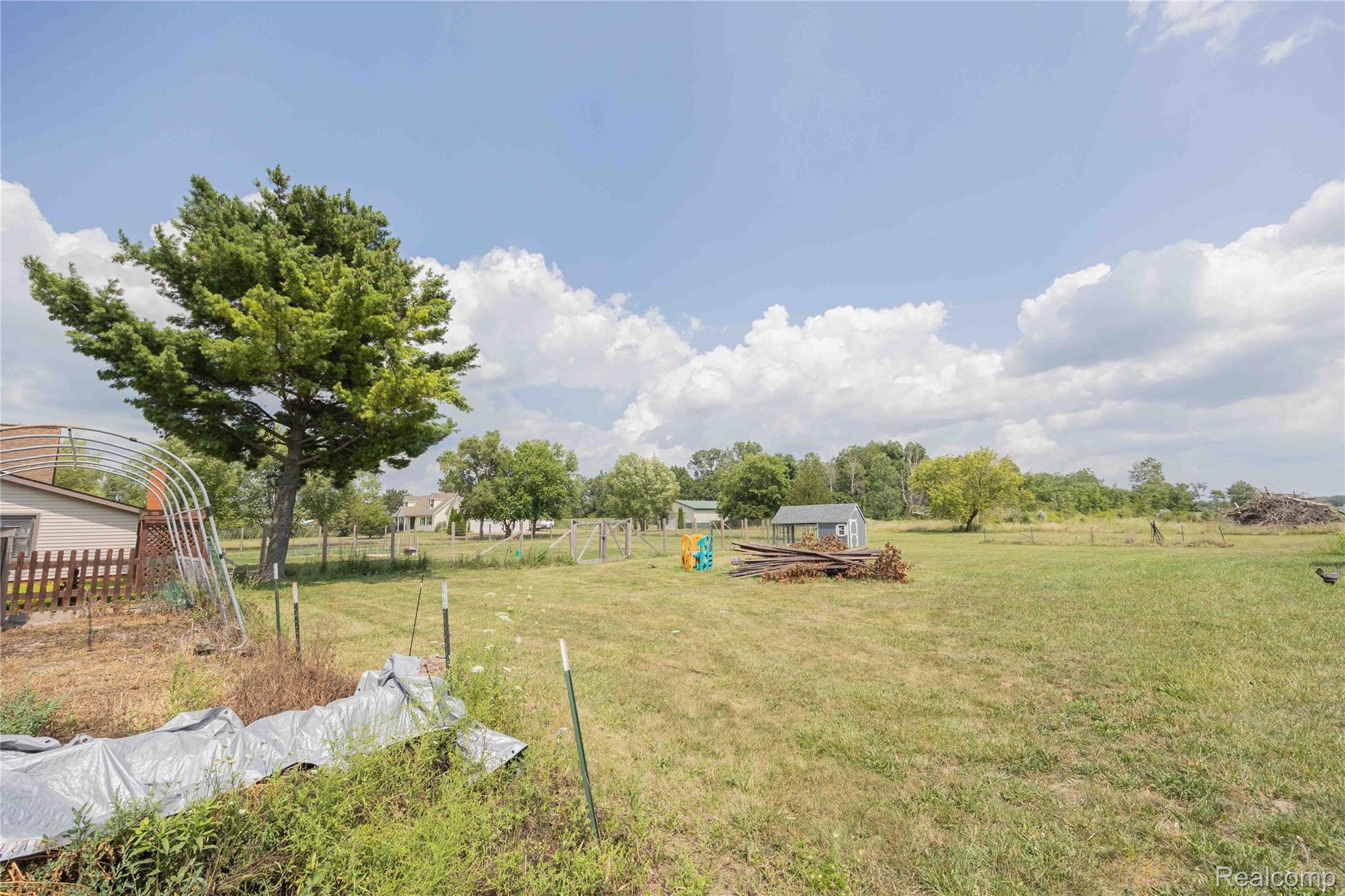 9160 Steffas Road Maybee, MI 48159 - Photo 26 of 36 Expansive outdoor space featuring a large tree, a small outbuilding, and partial fencing
