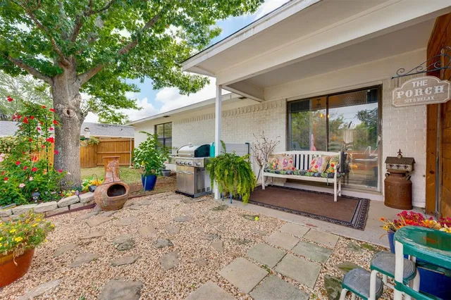 front view of a house with a patio