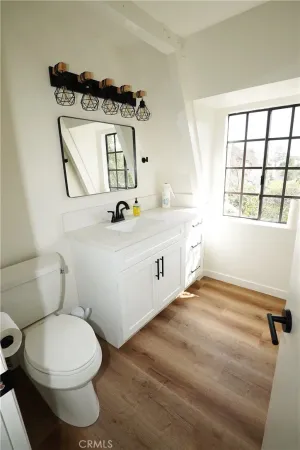 a bathroom with a sink a toilet and mirror