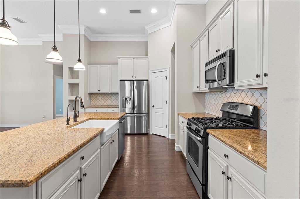 6809 Scenic Drive Apollo Beach, FL 33572 - Photo 66 of 94 a kitchen with stainless steel appliances granite countertop a stove a sink and a refrigerator
