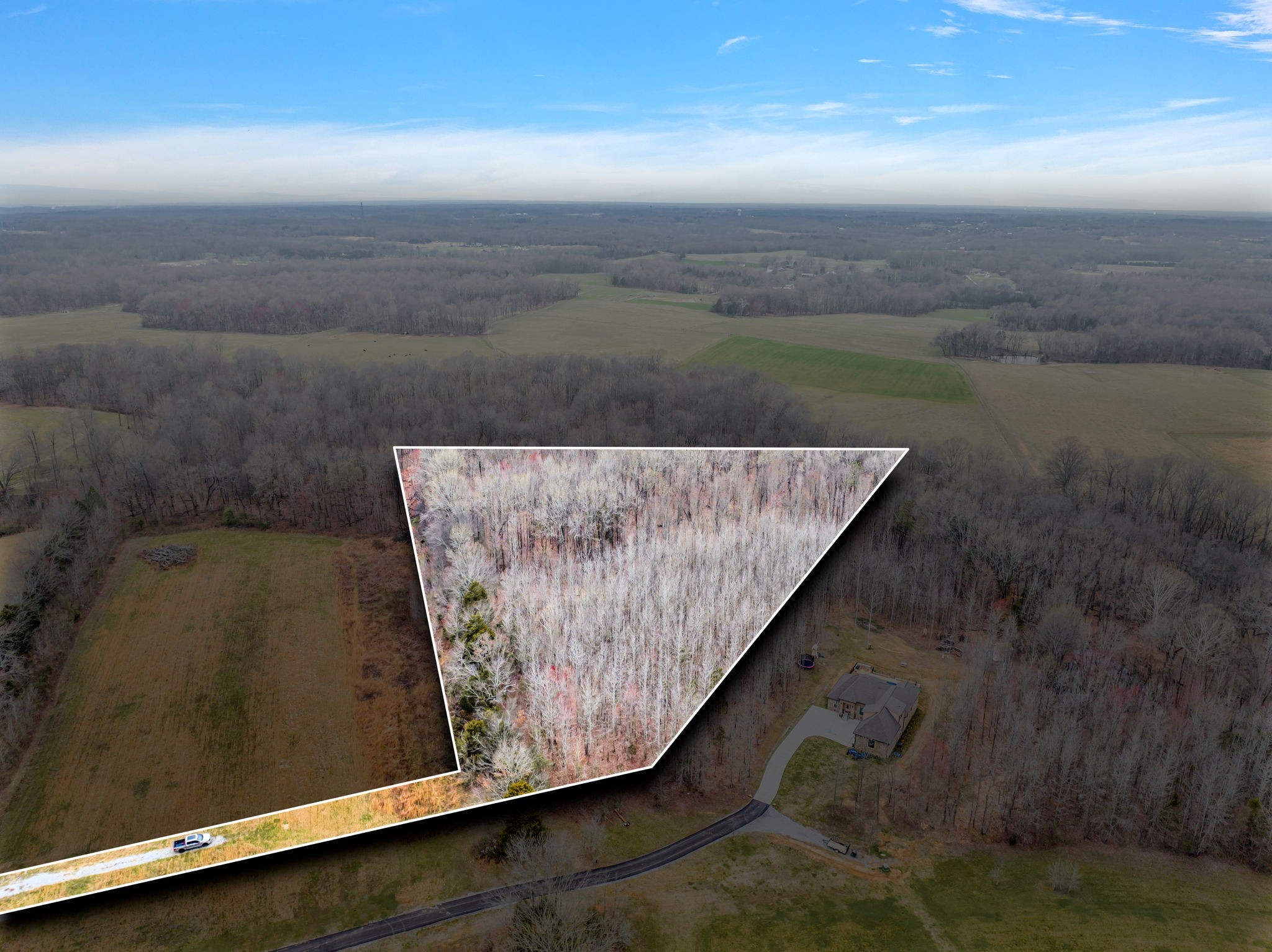 0 Maxey Road Cedar Hill, TN 37032 - Photo 2 of 16 Photo shows approximate lot lines and the gravel driveway buyers are to use for showings. Per the PLOT plan, the easement serving lot 2 appears to be between the gravel driveway and neighbor's paved driveway. Buyer to verify exact lot lines.
