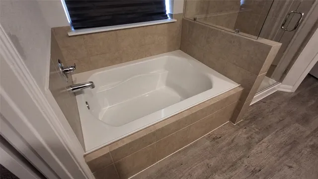 a bathroom with a bathtub
