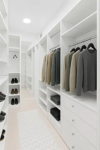 a view of walk in closet with clothes and shoes