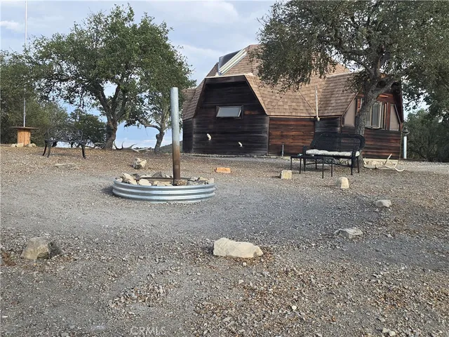 a view of a dry yard with trees