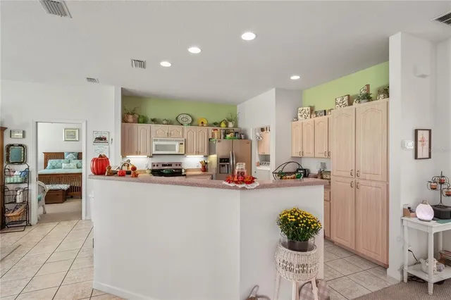 a view of a kitchen with furniture and a potted plant