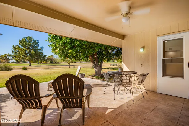 a building outdoor space with patio furniture