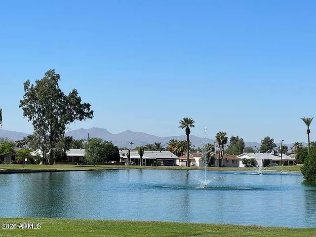 a view of a park with large trees