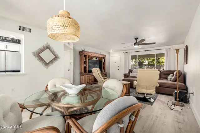 a dining room with furniture a rug a potted plant and wooden floor