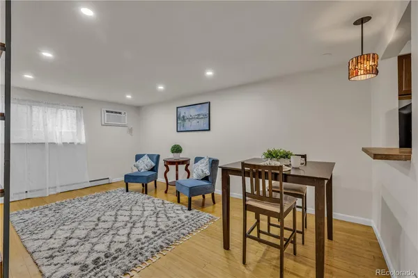 a view of a dining room with furniture