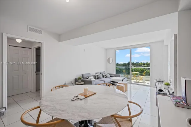 a view of a dining room with furniture window and outside view