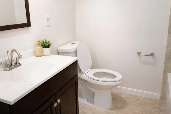a bathroom with a sink toilet and a mirror