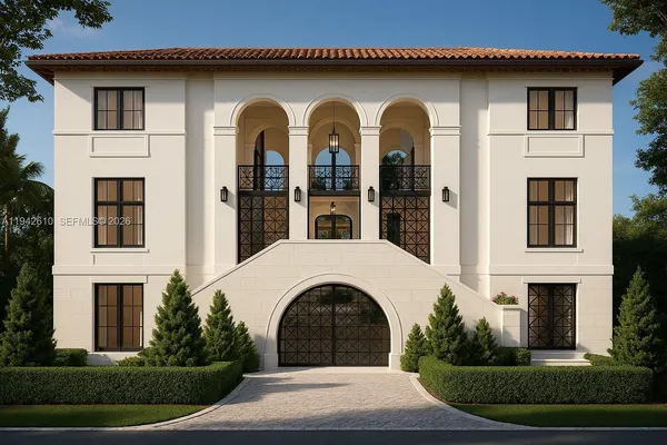 a view of a grey house with large windows