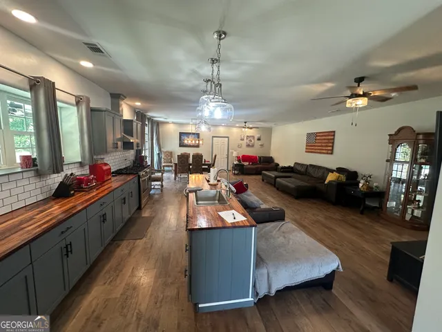 a large kitchen with lots of counter space