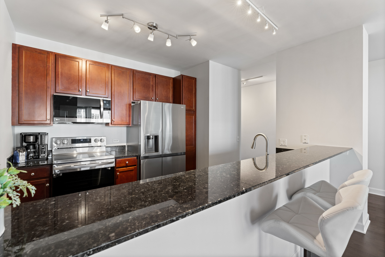 100 East 14th Street, Unit 1203 Chicago, IL 60605 - Photo 13 of 28 a kitchen with stainless steel appliances granite countertop a sink refrigerator and microwave