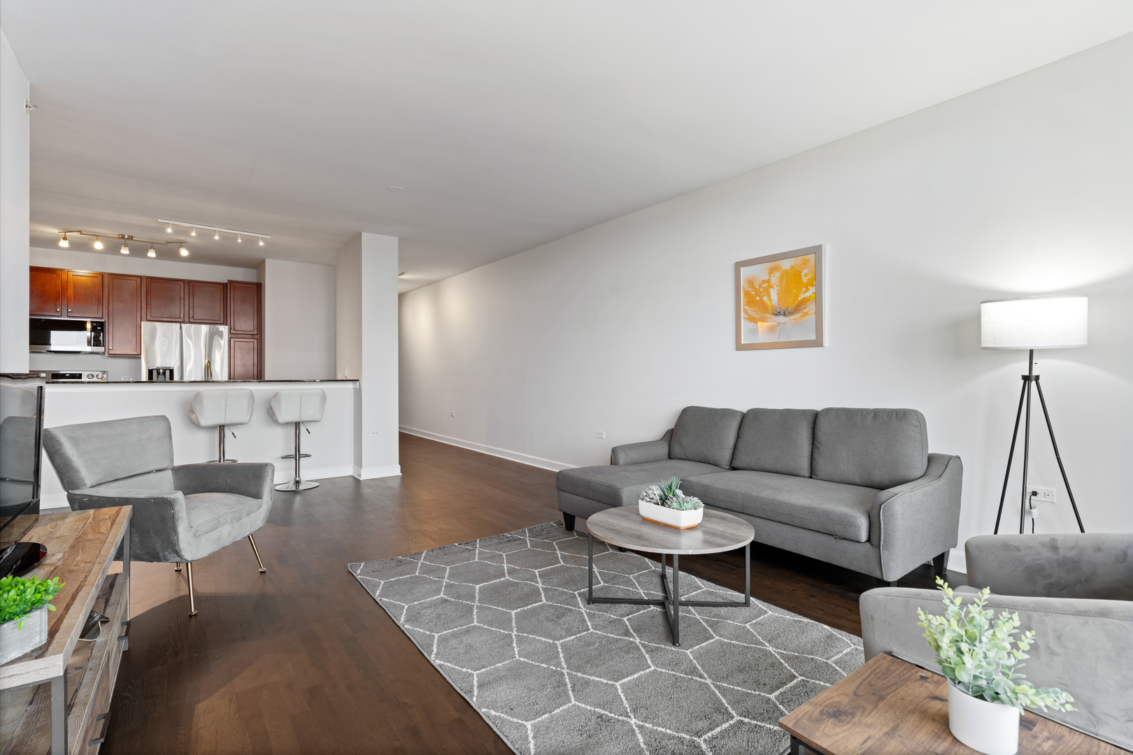 100 East 14th Street, Unit 1203 Chicago, IL 60605 - Photo 8 of 28 a living room with furniture and a wooden floor