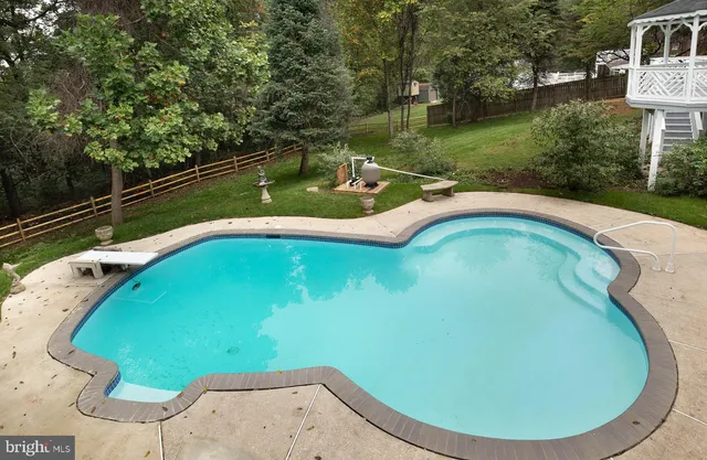 a view of a swimming pool with a yard