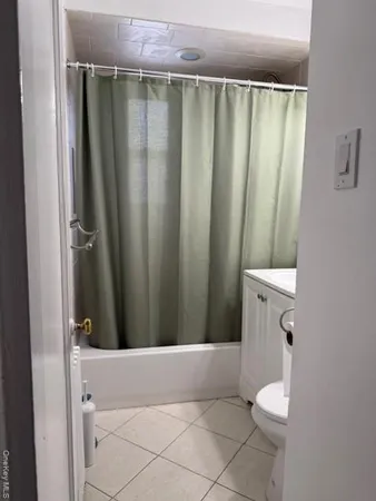 a bathroom with a shower curtain and a toilet